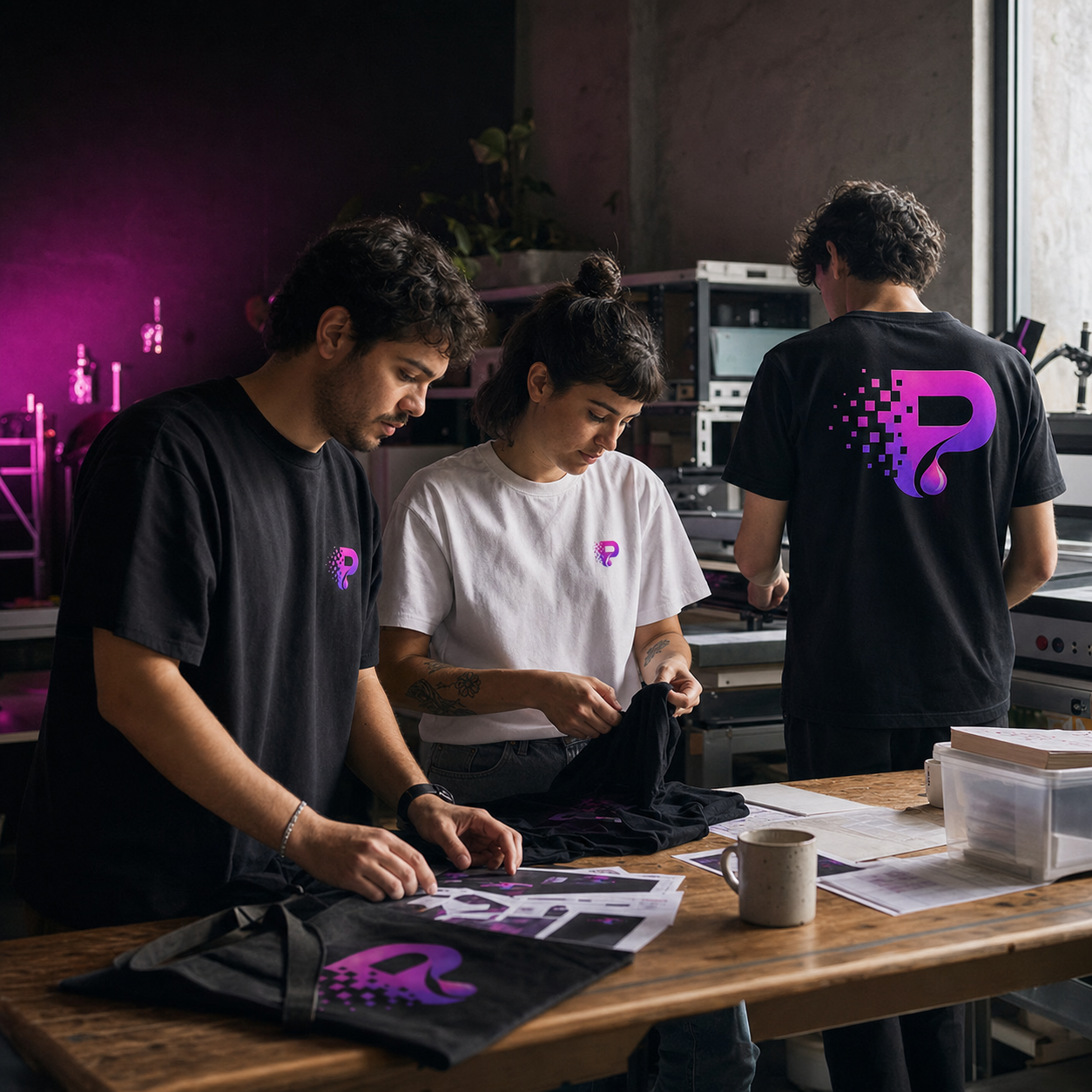 Equipo Pixelia trabajando en productos personalizados